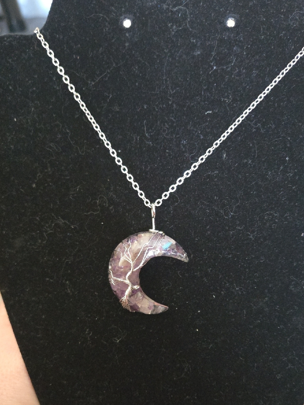 Silver Chain Moon Pendant Necklace with Purple Stone Hand Crafted 318